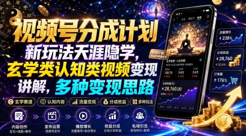 视频号分成计划新玩法天涯隐学，玄学类认知类视频变现讲解，多种变现思路-副业网