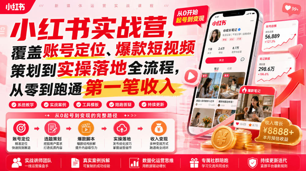小红书实战营,覆盖账号定位、爆款短视频策划到实操落地全流程,从零到跑通第一笔收入-副业网