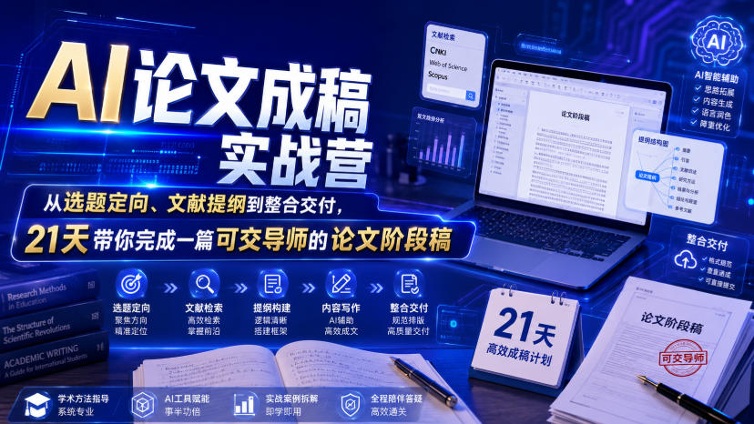AI论文成稿实战营,从选题定向、文献提纲到整合交付,21天带你完成一篇可交导师的论文阶段稿-副业网