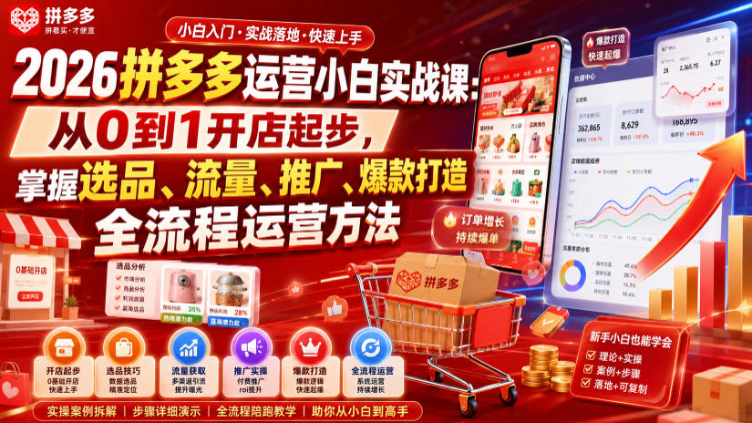 2026拼多多运营小白实战课：从0到1开店起步，掌握选品、流量、推广、爆款打造全流程运营方法-副业网