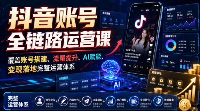 抖音账号全链路运营课,覆盖账号搭建、流量提升、AI赋能、变现落地完整运营体系-副业网
