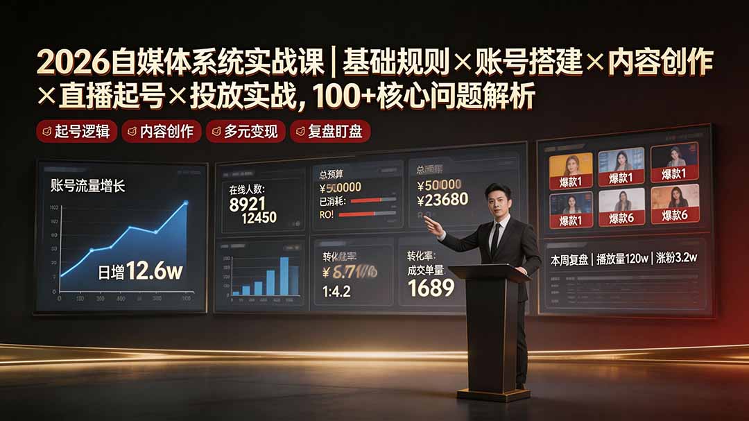 2026自媒体系统实战课｜基础规则×账号搭建×内容创作×直播起号×投放实战，100+核心问题解析-副业网
