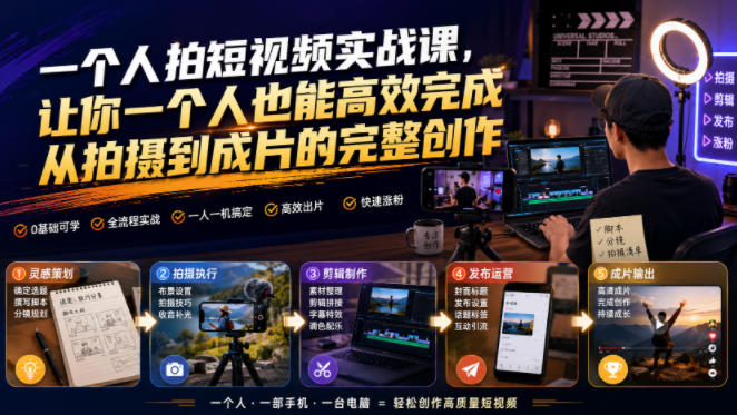 一个人拍短视频实战课,让你一个人也能高效完成从拍摄到成片的完整创作-副业网