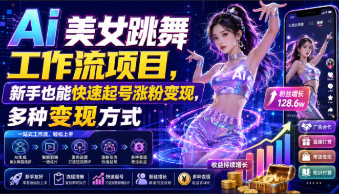 Ai美女跳舞工作流项目，新手也能快速起号涨粉变现，多种变现方式-副业网