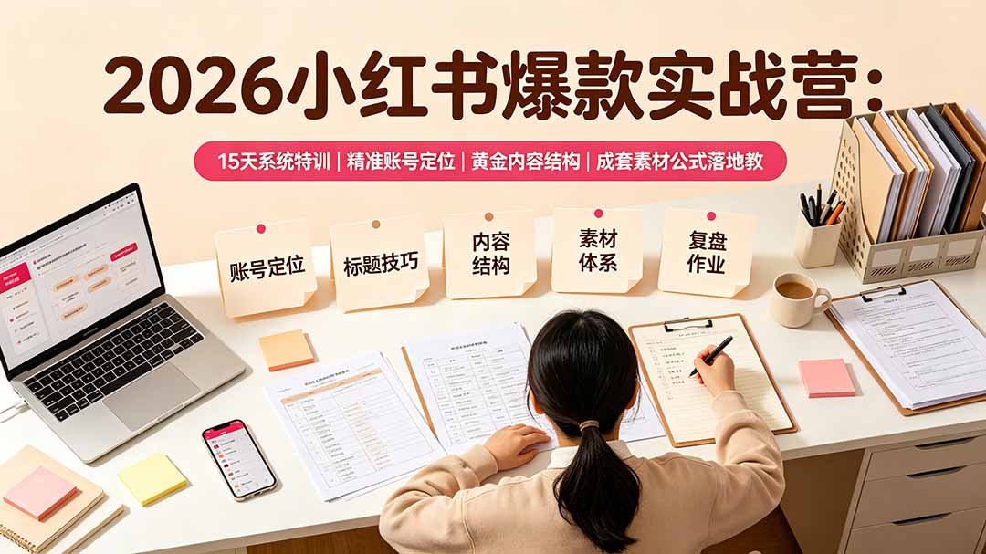 2026小红书爆款实战营:15天系统特训|精准账号定位|黄金内容结构|成套素材公式落地教程-副业网