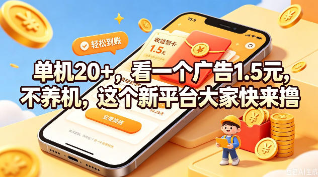 单机20+，看一个广告1.5米，不养机，这个新平台大家快来撸【揭秘】-副业网