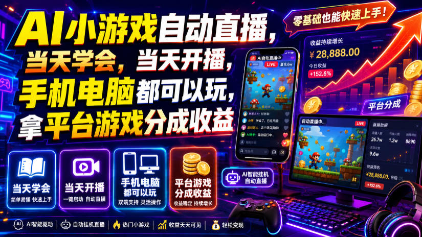 AI小游戏自动直播,当天学会,当天开播,手机电脑都可以玩,拿平台游戏分成收益-副业网