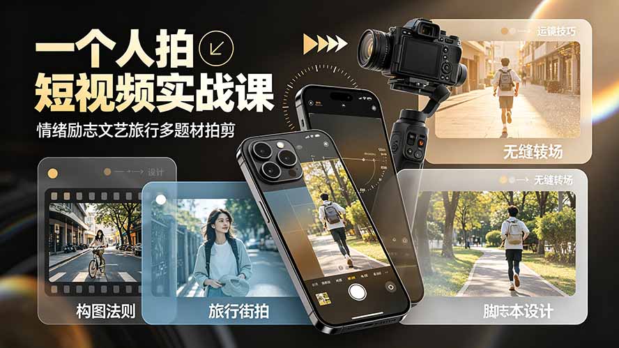 一个人拍短视频实战课:情绪励志文艺旅行多题材×五大景别×黄金构图×八大运镜,从拍摄到成片高效创作-副业网