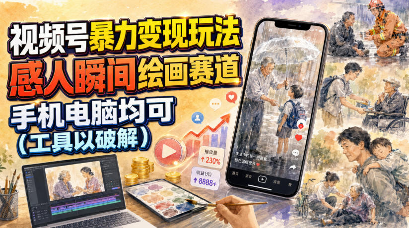 视频号暴力变现玩法，感人瞬间绘画赛道，手机电脑均可-副业网