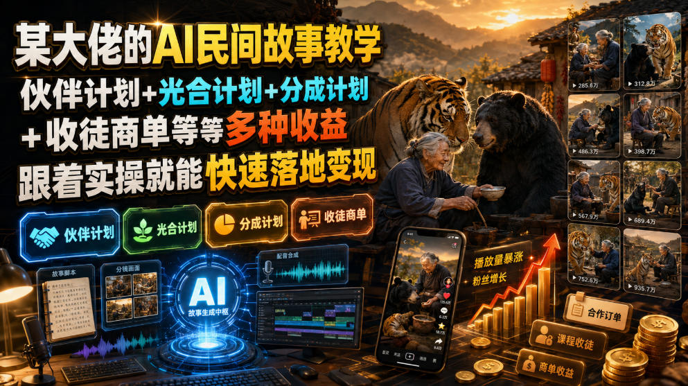 某大佬的AI民间故事教学,伙伴计划+光合计划+分成计划+收徒商单等多种收益,跟着实操就能快速落地变现-副业网