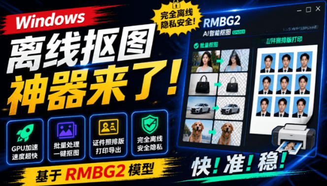 Windows离线抠图神器来了!支持批量抠图+证件照排版打印,基于RMBG2模型,GPU加速方块AI抠图-副业网