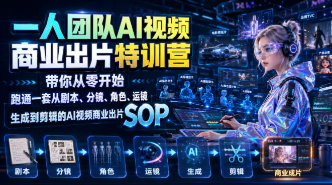 一人团队AI视频商业出片实战课:带你从零开始跑通一套从剧本、分镜、角色、运镜、生成到剪辑的AI视频商业出片SOP-副业网