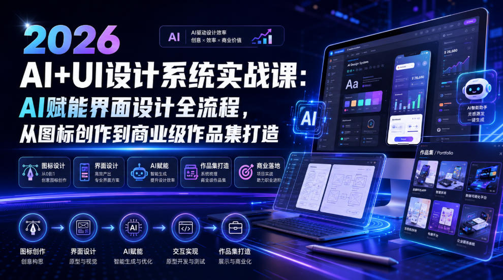 2026 AI+UI设计系统实战课:AI赋能界面设计全流程,从图标创作到商业级作品集打造-副业网
