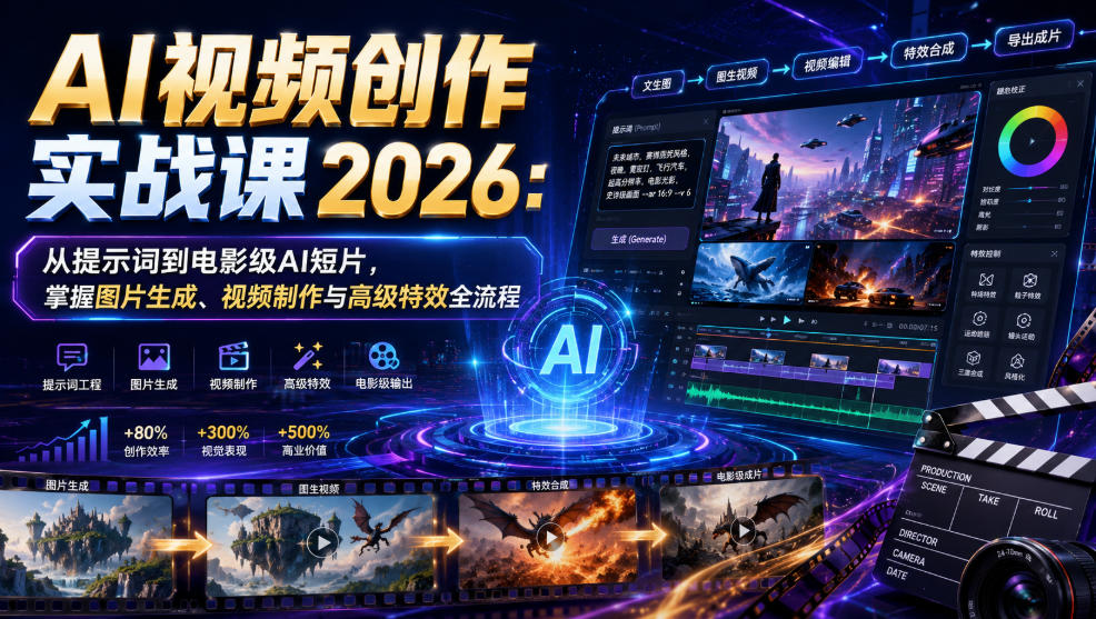 AI视频创作实战课2026:从提示词到电影级AI短片,掌握图片生成、视频制作与高级特效全流程-副业网