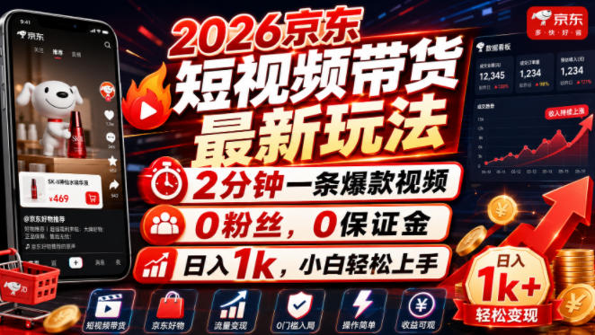 2026京东短视频带货最新玩法,2分钟一条爆款视频,0粉丝,0保证金,日入1k,小白轻松上手【揭秘】-副业网
