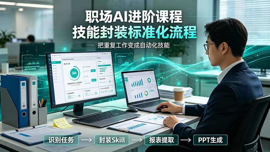 职场AI进阶课程;多类实用Skill工具实操,专属技能封装标准化流程,报表行业报告一键提取核心内容-副业网