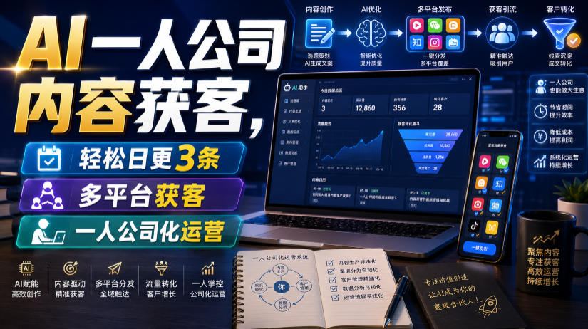 AI一人公司内容获客,轻松日更3条,多平台获客,一人公司化运营-副业网