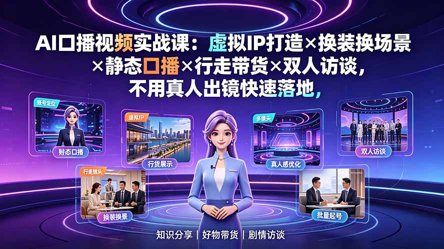 AI口播视频实战课：虚拟IP打造×换装换场景×静态口播×行走带货×双人访谈，不用真人出镜快速落地-副业网