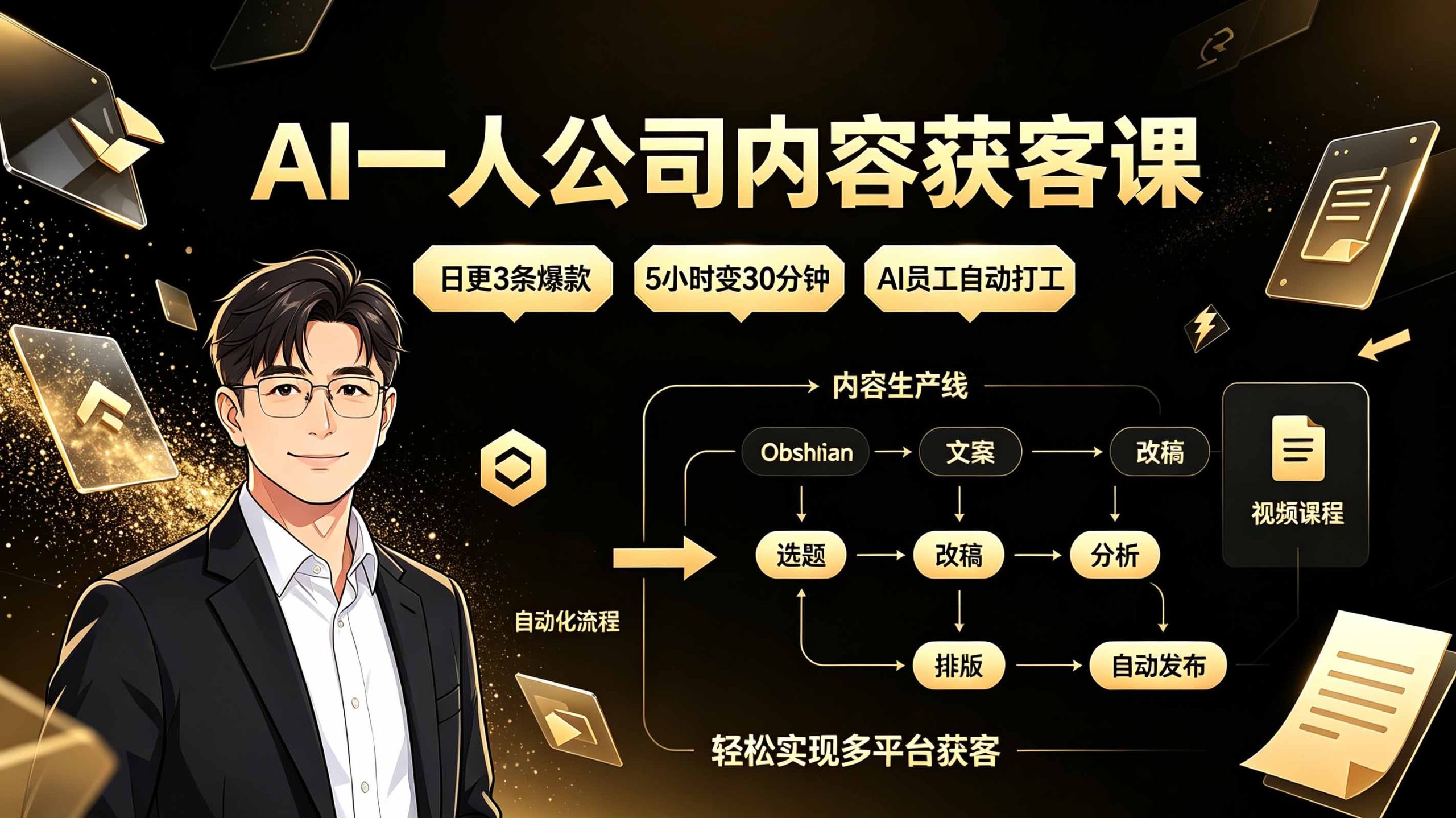 AI一人公司内容获客课：日更3条爆款×5小时变30分钟×AI员工自动打工，轻松实现多平台获客-副业网
