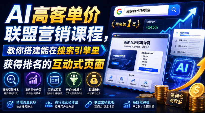 AI高客单价联盟营销课程,教你搭建能在搜索引擎里获得排名的互动式页面,引来流量,把访客转化为高佣金的成交【原创双语字幕】-副业网