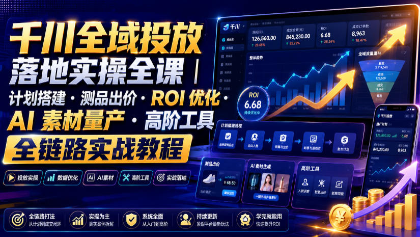 千川全域投放落地实操全课|计划搭建・测品出价・ROI优化・AI素材量产・高阶工具全链路实战教程-副业网