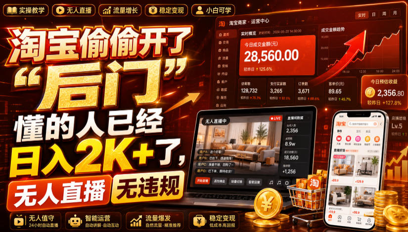 淘宝偷偷开了“后门”,懂的人已经日入2K+了,无人直播无违规,一台电脑=一家24小时营业的线上门店【揭秘】-副业网