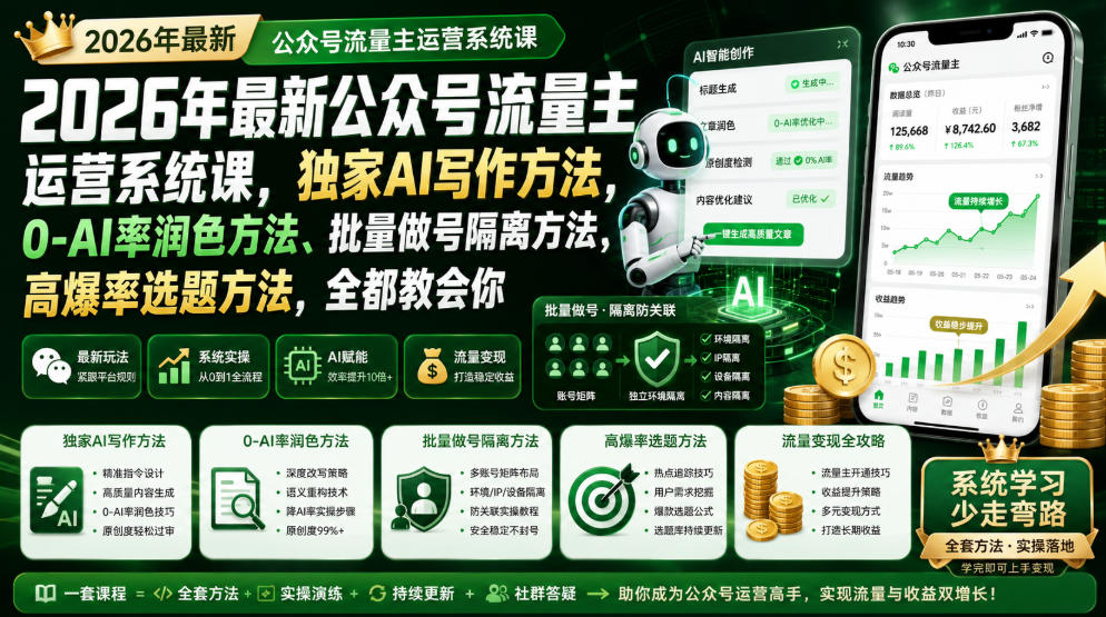 2026年最新公众号流量主运营系统课,独家AI写作方法,0-AI率润色方法、批量做号隔离方法、高爆率选题方法,全都教会你-副业网