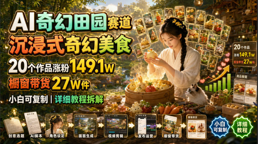 AI奇幻田园赛道,沉浸式奇幻美食,20个作品涨粉149.1W,橱窗带货27W件,小白可复制,详细教程拆解-副业网