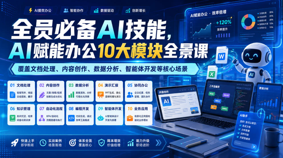 全员必备AI技能,AI赋能办公10大模块全景课,覆盖文档处理、内容创作、数据分析、智能体开发等核心场景-副业网