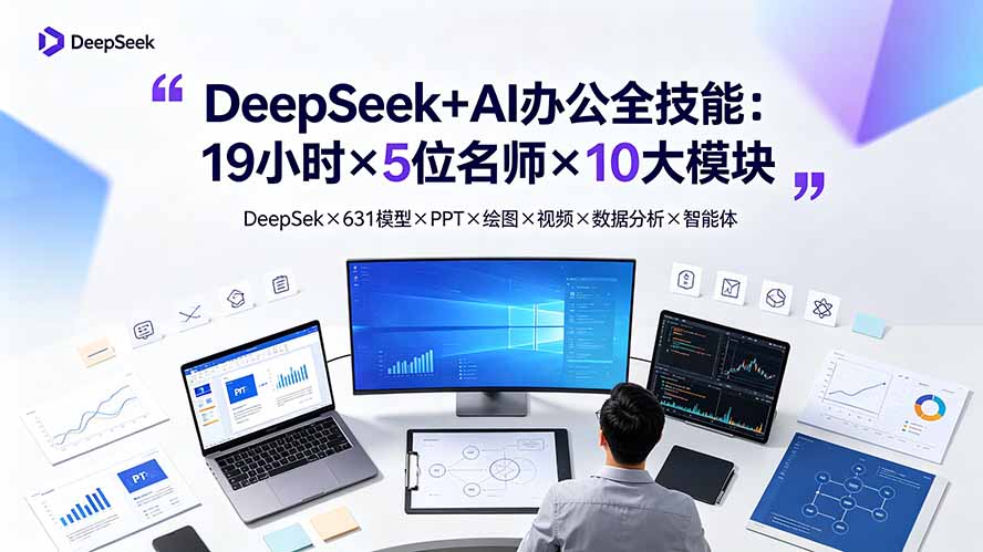 DeepSeek+AI办公全技能:19小时×5位名师×10大模块,DeepSeek×631模型×PPT×绘图×视频×数据分析×智能体-副业网