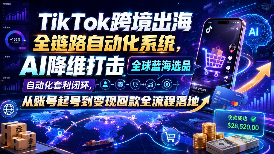 TikTok跨境出海全链路自动化系统,AI降维打击全球蓝海选品自动化套利闭环,从账号起号到变现回款全流程落地(2026年7月)-副业网
