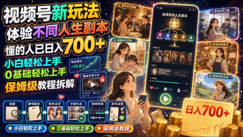视频号新玩法体验不同人生副本,懂的人已日入700+,小白轻松上手,0基础轻松上手,保姆级教程拆解-副业网