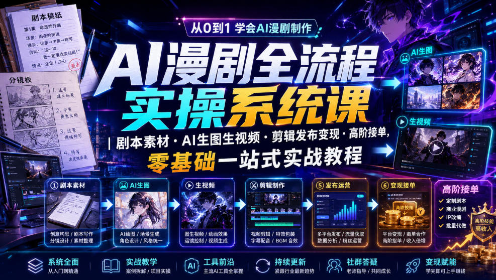 AI漫剧全流程实操系统课｜剧本素材・AI生图生视频・剪辑发布变现・高阶接单，零基础一站式实战教程-副业网