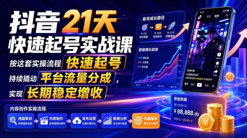 抖音21天快速起号实战课，按这套实操流程快速起号，持续撬动平台流量分成，实现长期稳定增收-副业网