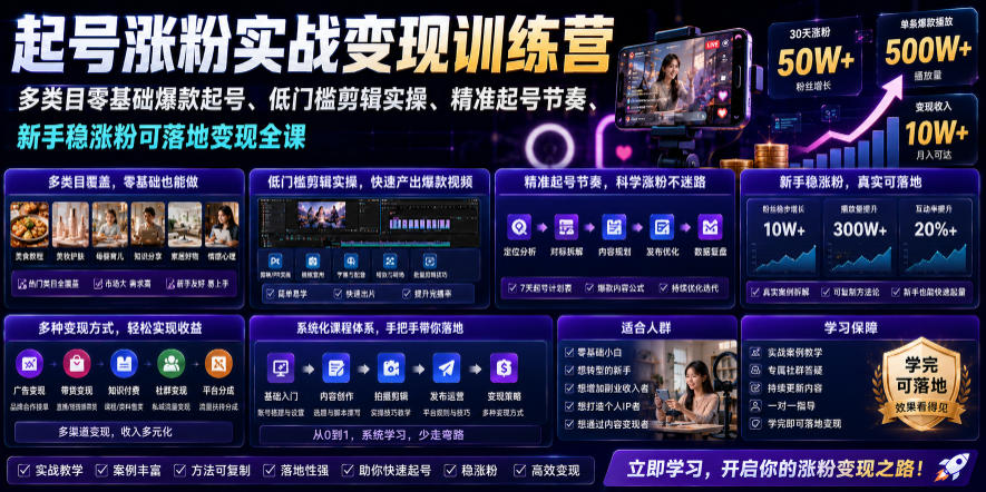 苗子起号涨粉实战变现训练营,多类目零基础爆款起号、精准起号节奏、新手稳涨粉可落地变现全课(更新0719)-副业网