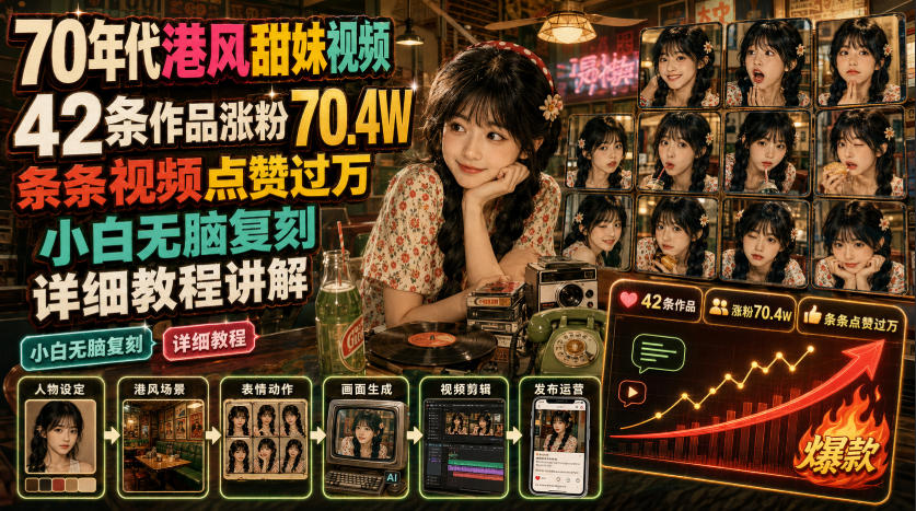 70年代港风甜妹视频,42条作品涨粉70.4W,条条视频点赞过万,小白无脑复刻,详细教程讲解-副业网
