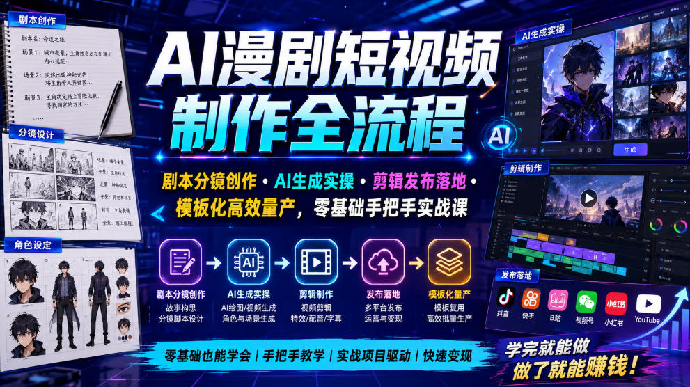 AI漫剧短视频制作全流程|剧本分镜创作・AI生成实操・剪辑发布落地・模板化高效量产,零基础手把手实战课-副业网