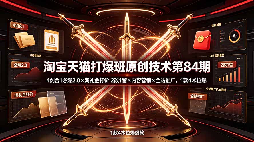 淘宝天猫打爆班原创技术第84期:4剑合1必爆2.0×淘礼金打价×2改1留×内容营销×全站推广,1款4术拉爆-副业网