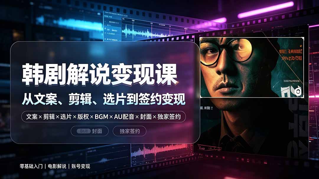 抖音270W粉丝博主亲授韩剧解说课:文案×剪辑×选片×版权×BGM×AU配音×封面×独家签约,零基础到变现-副业网