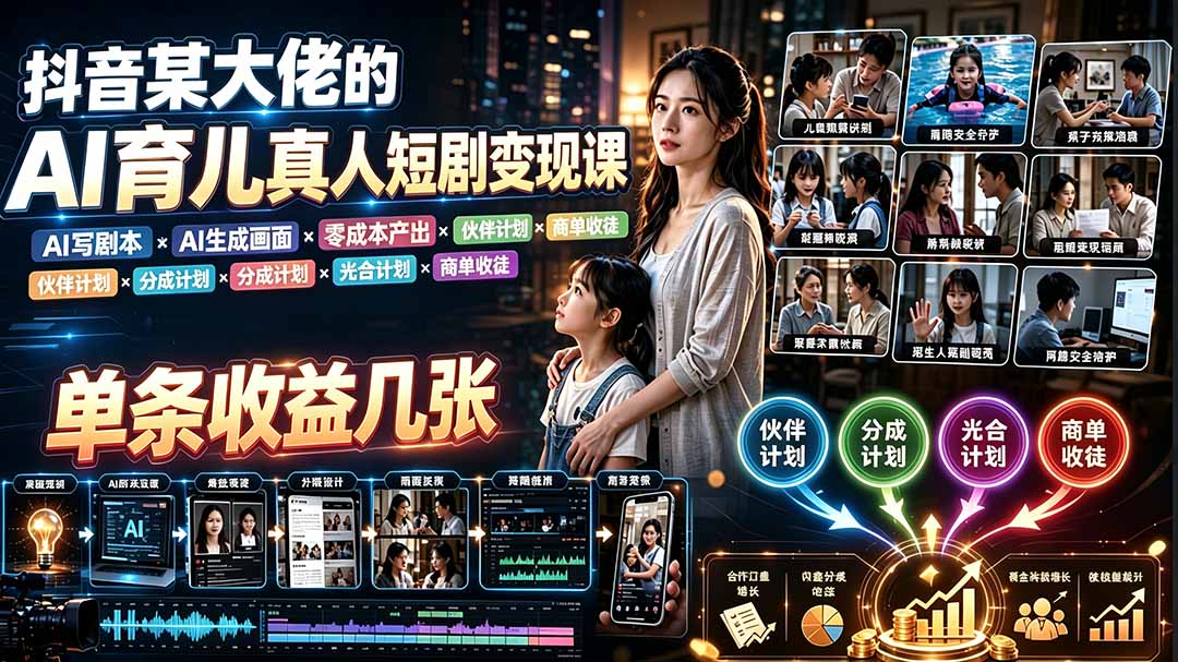 AI育儿真人短剧变现课:AI写剧本×AI生成画面×零成本产出×伙伴计划×分成计划×光合计划×商单收徒-副业网