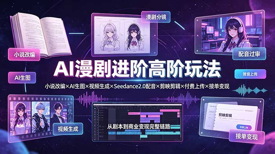 AI漫剧进阶高阶玩法:小说改编×AI生图×视频生成×Seedance2.0配音×剪映剪辑×付费上传×接单变现-副业网