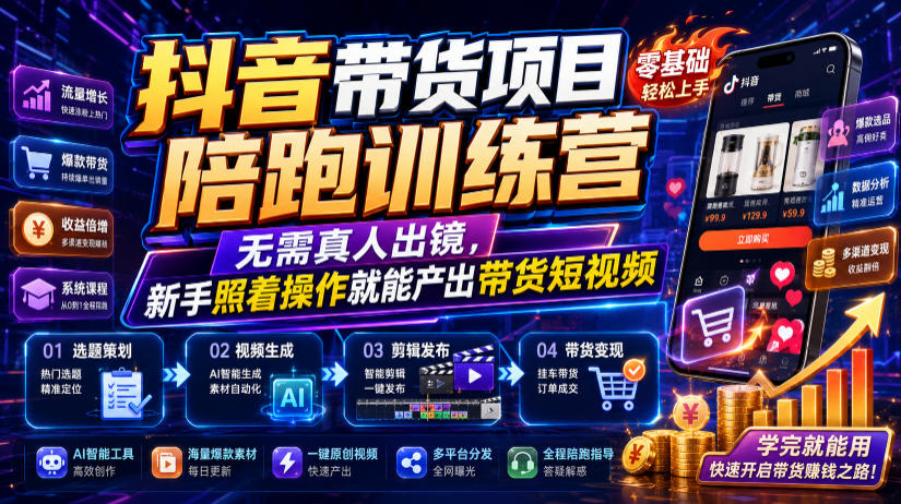 抖音带货项目陪跑训练营,无需真人出镜,新手照着操作就能产出带货短视频-副业网