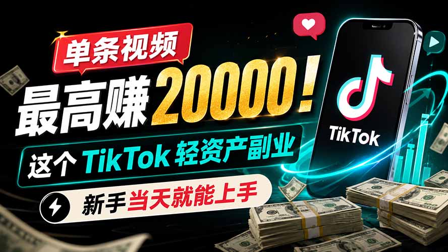 单条视频最高赚 20000！这个 TikTok 轻资产副业，新手当天就能上手-副业网