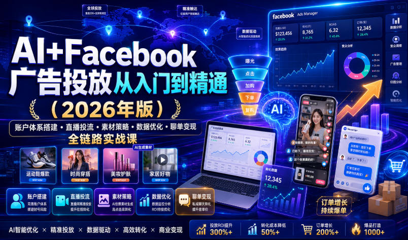 AI+Facebook广告投放从入门到精通(2026年版)|账户体系搭建・直播投流・素材策略・数据优化・聊单变现全链路实战课-副业网