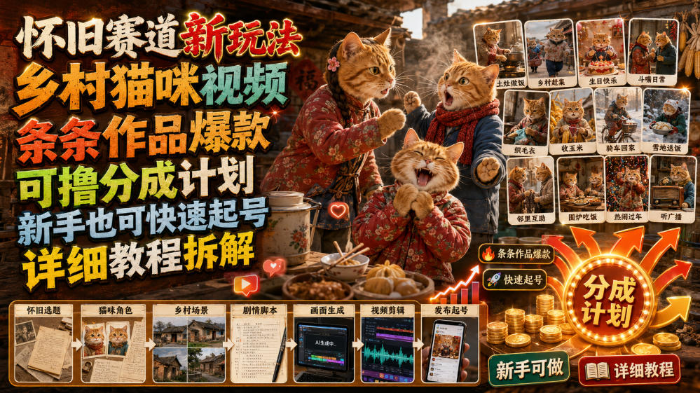 怀旧赛道新玩法,乡村猫咪视频,条条作品爆款,可撸分成计划,新手也可快速起号,详细教程拆解-副业网