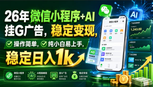 26年微信小程序+AI挂G广告,稳定变现,操作简单,纯小白易上手,稳定日入1k【揭秘】-副业网
