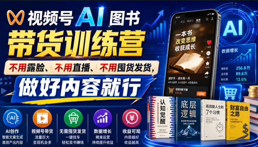 视频号AI图书带货训练营,不用露脸、不用直播、不用囤货发货,做好内容就行,一条爆款视频佣金8942-副业网