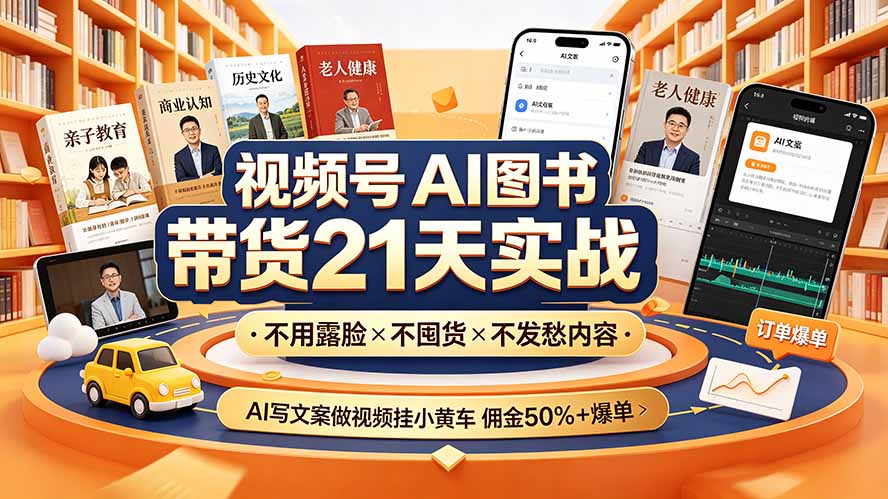 视频号AI图书带货21天实战:不用露脸×不囤货×不发愁内容,AI写文案做视频挂小黄车,佣金50%+爆单-副业网