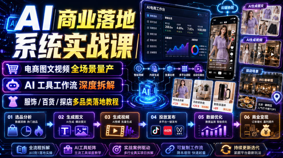 AI商业落地系统实战课｜电商图文视频全场景量产・AI工具工作流深度拆解・服饰/百货/探店多品类落地教程-副业网