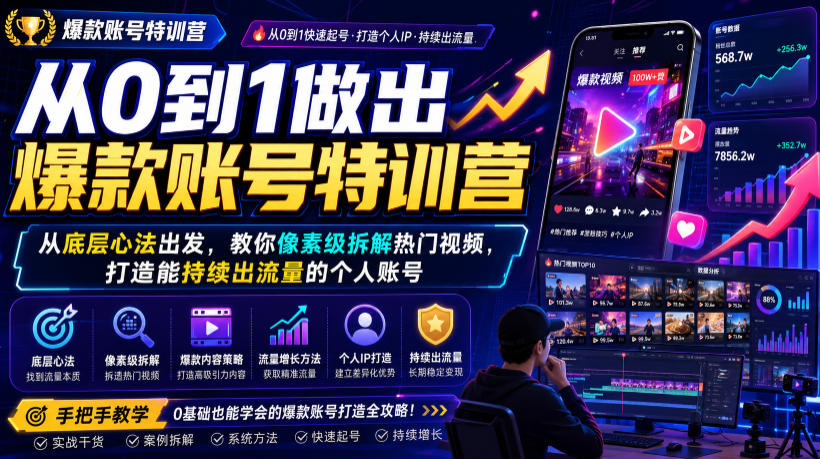 从0到1做出爆款账号特训营，从底层心法出发，教你像素级拆解热门视频，打造能持续出流量的个人账号-副业网
